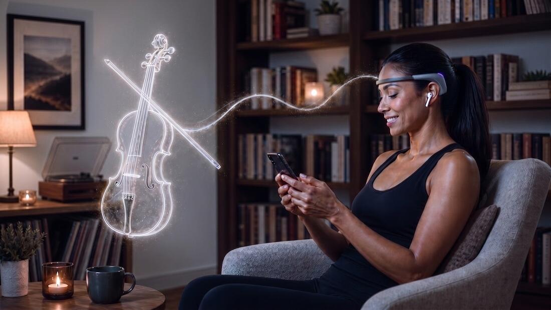 MEFlow Music phone session with a natural Muse 2 user seated on the right facing a nearby imagined violin